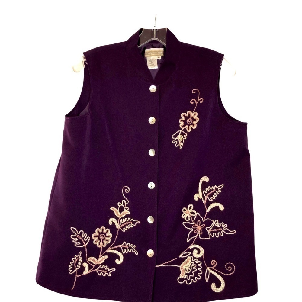 COLDWATER Creek Deep Purple High Collar Button Up Embroidered Floral Vest Size M